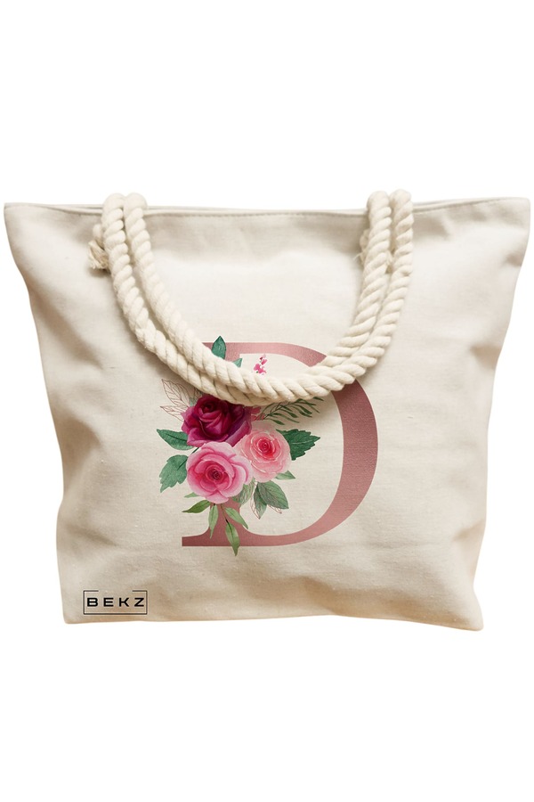 Geanta Canvas Tote pentru femei, Cu litera D Rose Gold si Trandafiri, 40x51 cm, Bej, BEKZ® 12 Cu litera D Rose Gold si Trandafiri