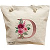 Geanta Canvas Tote pentru femei, Cu litera D Rose Gold si Trandafiri, 40x51 cm, Bej, BEKZ® 16 Geanta Canvas Tote pentru femei
