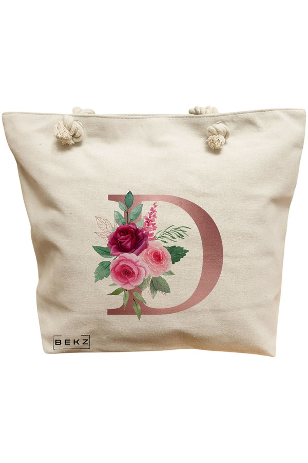 Geanta Canvas Tote pentru femei, Cu litera D Rose Gold si Trandafiri, 40x51 cm, Bej, BEKZ® 11 Geanta Canvas Tote pentru femei