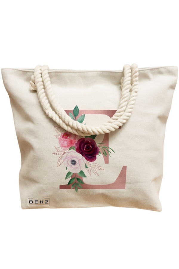 Geanta Canvas Tote pentru femei, Cu litera E Rose Gold si Trandafiri, 40x51 cm, Bej, BEKZ® 12 Cu litera E Rose Gold si Trandafiri