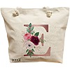 Geanta Canvas Tote pentru femei, Cu litera E Rose Gold si Trandafiri, 40x51 cm, Bej, BEKZ® 16 Geanta Canvas Tote pentru femei