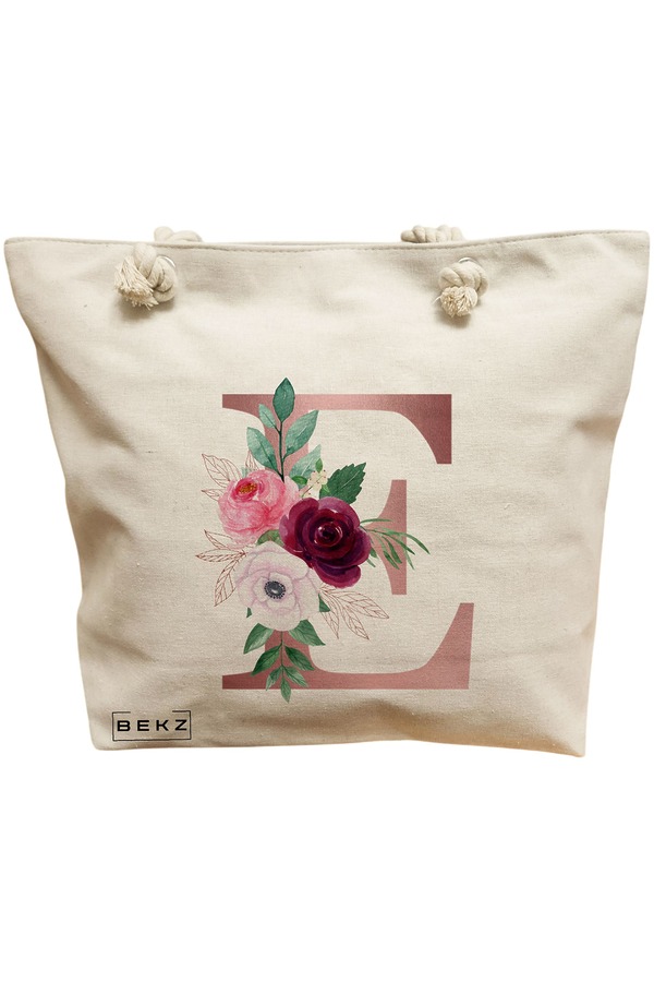 Geanta Canvas Tote pentru femei, Cu litera E Rose Gold si Trandafiri, 40x51 cm, Bej, BEKZ® 11 Geanta Canvas Tote pentru femei