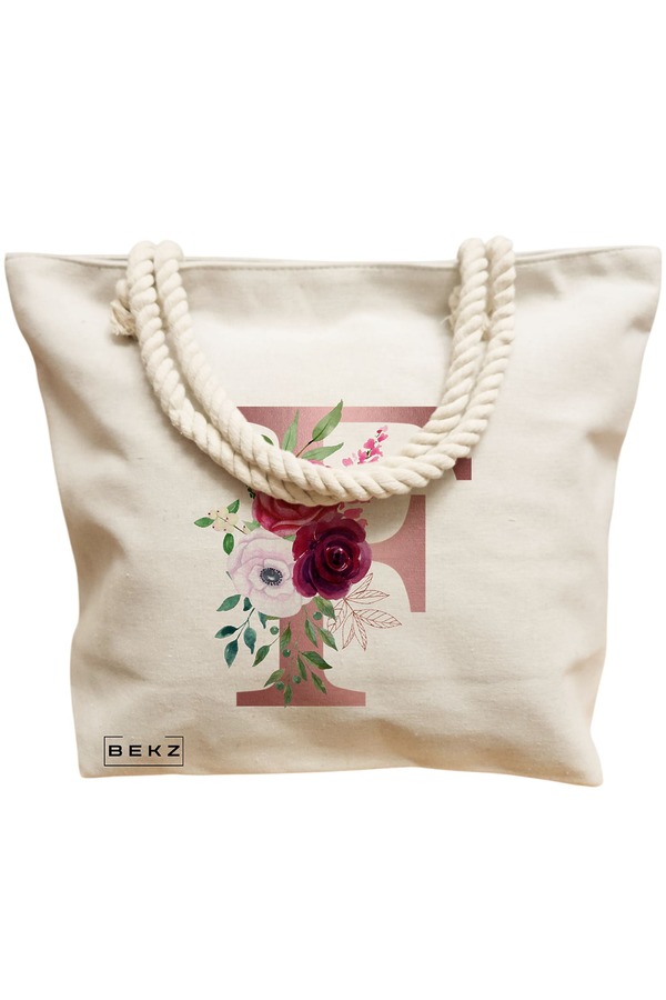 Geanta Canvas Tote pentru femei, Cu litera F Rose Gold si Trandafiri, 40x51 cm, Bej, BEKZ® 12 Cu litera F Rose Gold si Trandafiri