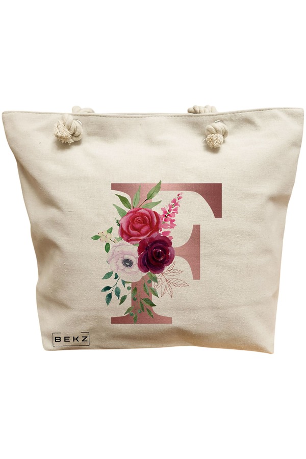 Geanta Canvas Tote pentru femei, Cu litera F Rose Gold si Trandafiri, 40x51 cm, Bej, BEKZ® 11 Geanta Canvas Tote pentru femei