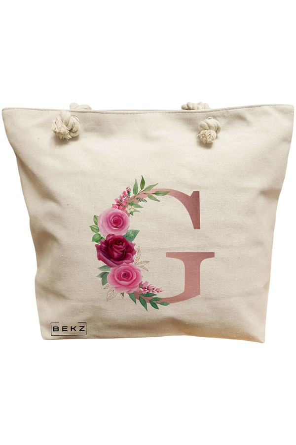 Geanta Canvas Tote pentru femei, Cu litera G Rose Gold si Trandafiri, 40x51 cm, Bej, BEKZ® 11 Geanta Canvas Tote pentru femei