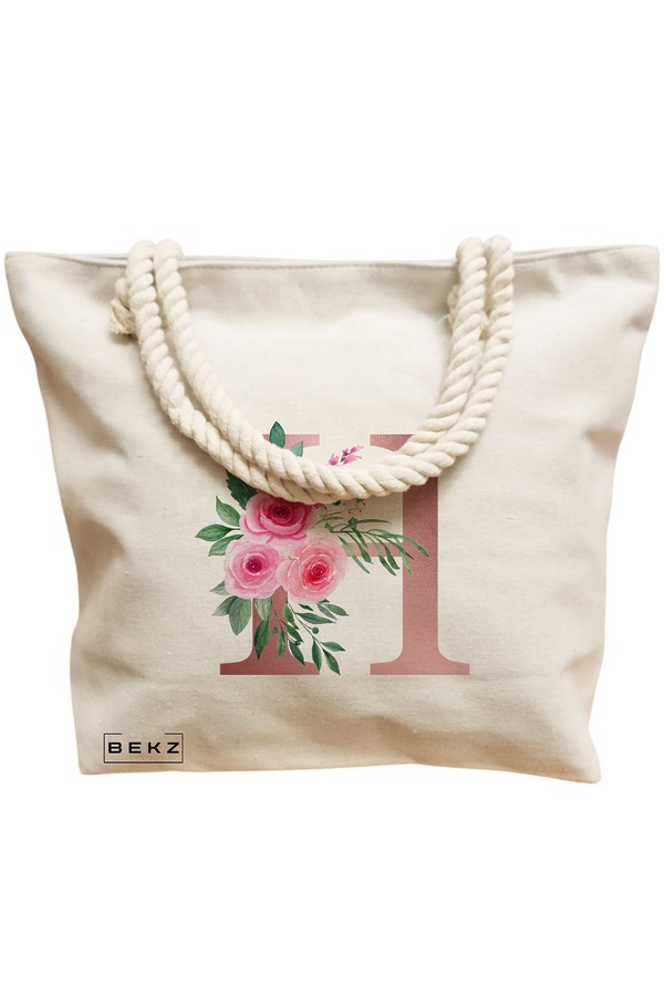 Geanta Canvas Tote pentru femei, Cu litera H Rose Gold si Trandafiri, 40x51 cm, Bej, BEKZ® 12 Cu litera H Rose Gold si Trandafiri