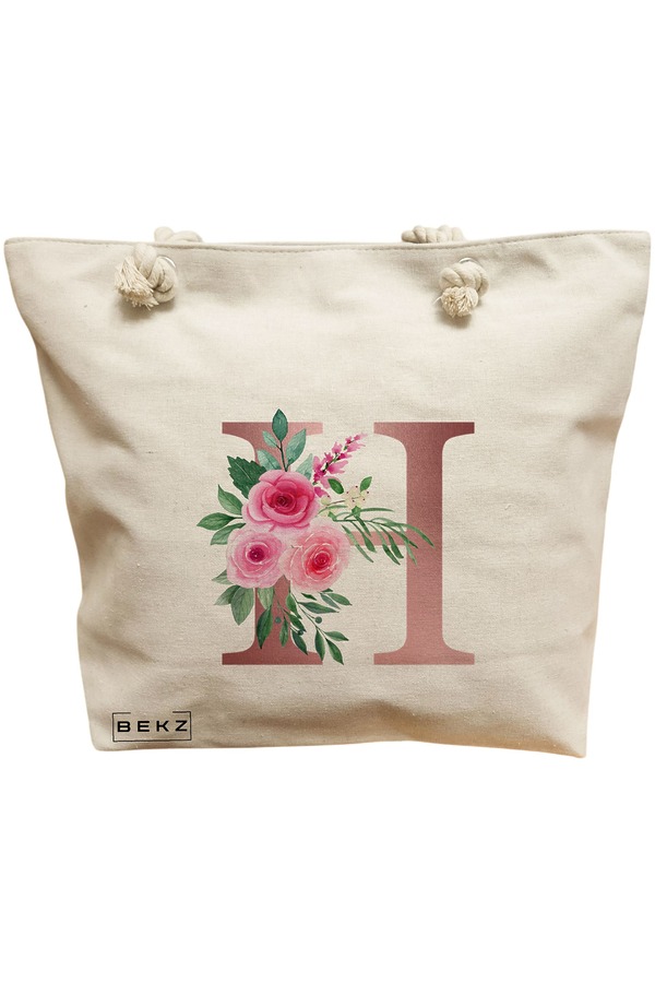 Geanta Canvas Tote pentru femei, Cu litera H Rose Gold si Trandafiri, 40x51 cm, Bej, BEKZ® 11 Geanta Canvas Tote pentru femei