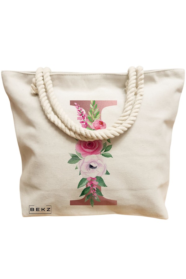 Geanta Canvas Tote pentru femei, Cu litera I Rose Gold si Trandafiri, 40x51 cm, Bej, BEKZ® 12 Cu litera I Rose Gold si Trandafiri