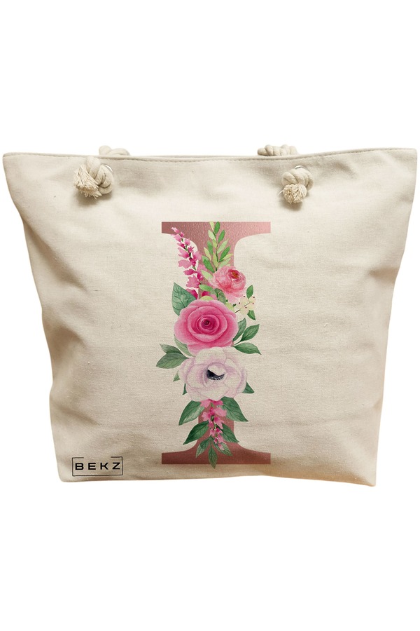 Geanta Canvas Tote pentru femei, Cu litera I Rose Gold si Trandafiri, 40x51 cm, Bej, BEKZ® 11 Geanta Canvas Tote pentru femei
