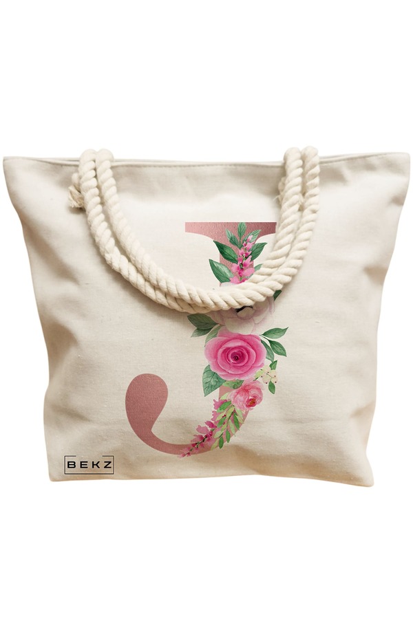 Geanta Canvas Tote pentru femei, Cu litera J Rose Gold si Trandafiri, 40x51 cm, Bej, BEKZ® 12 Cu litera J Rose Gold si Trandafiri
