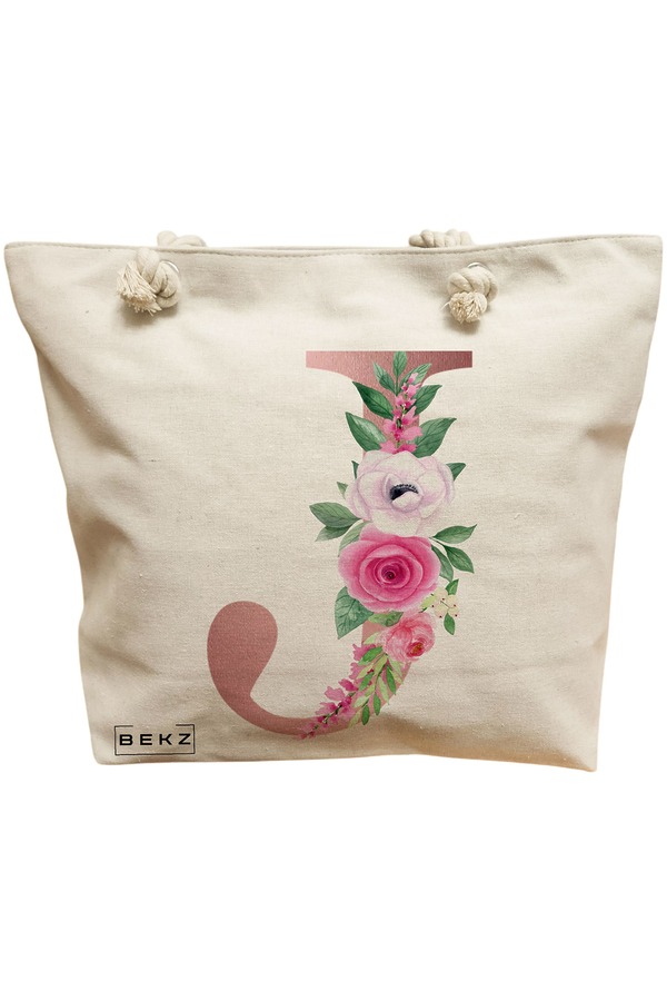 Geanta Canvas Tote pentru femei, Cu litera J Rose Gold si Trandafiri, 40x51 cm, Bej, BEKZ® 11 Geanta Canvas Tote pentru femei