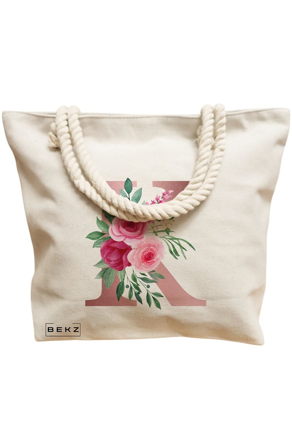 Geanta Canvas Tote pentru femei, Cu litera K Rose Gold si Trandafiri, 40x51 cm, Bej, BEKZ® 12 Cu litera K Rose Gold si Trandafiri