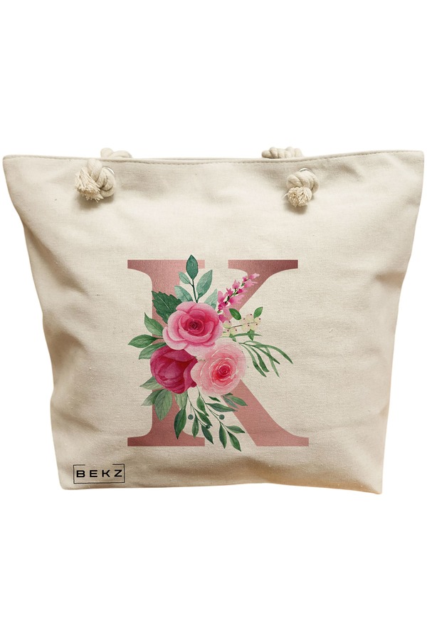 Geanta Canvas Tote pentru femei, Cu litera K Rose Gold si Trandafiri, 40x51 cm, Bej, BEKZ® 11 Geanta Canvas Tote pentru femei