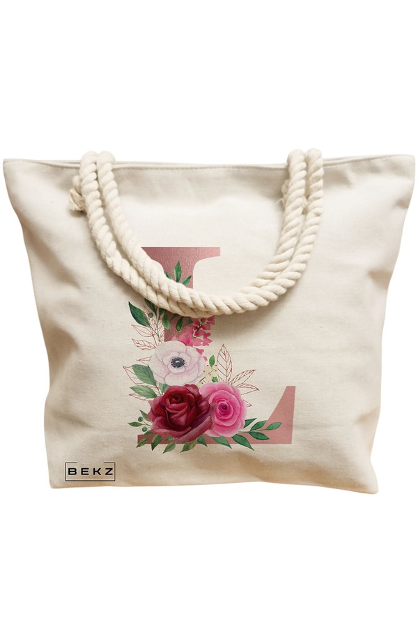 Geanta Canvas Tote pentru femei, Cu litera L Rose Gold si Trandafiri, 40x51 cm, Bej, BEKZ® 12 Cu litera L Rose Gold si Trandafiri