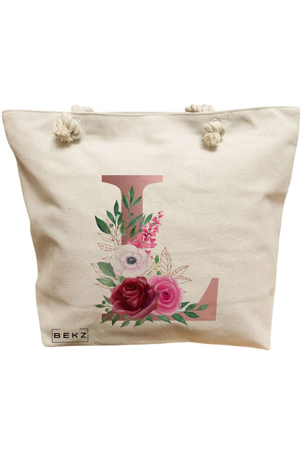 Geanta Canvas Tote pentru femei, Cu litera L Rose Gold si Trandafiri, 40x51 cm, Bej, BEKZ® 11 Geanta Canvas Tote pentru femei