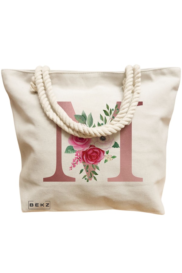 Geanta Canvas Tote pentru femei, Cu litera M Rose Gold si Trandafiri, 40x51 cm, Bej, BEKZ® 12 Cu litera M Rose Gold si Trandafiri