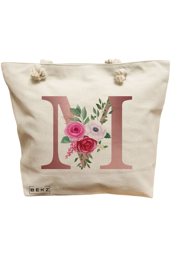 Geanta Canvas Tote pentru femei, Cu litera M Rose Gold si Trandafiri, 40x51 cm, Bej, BEKZ® 11 Geanta Canvas Tote pentru femei