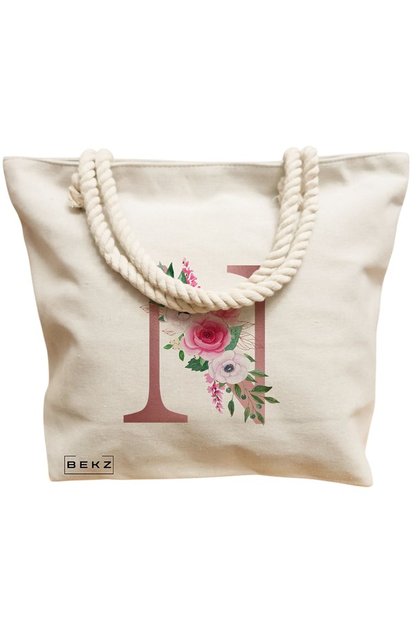 Geanta Canvas Tote pentru femei, Cu litera N Rose Gold si Trandafiri, 40x51 cm, Bej, BEKZ® 12 Cu litera N Rose Gold si Trandafiri