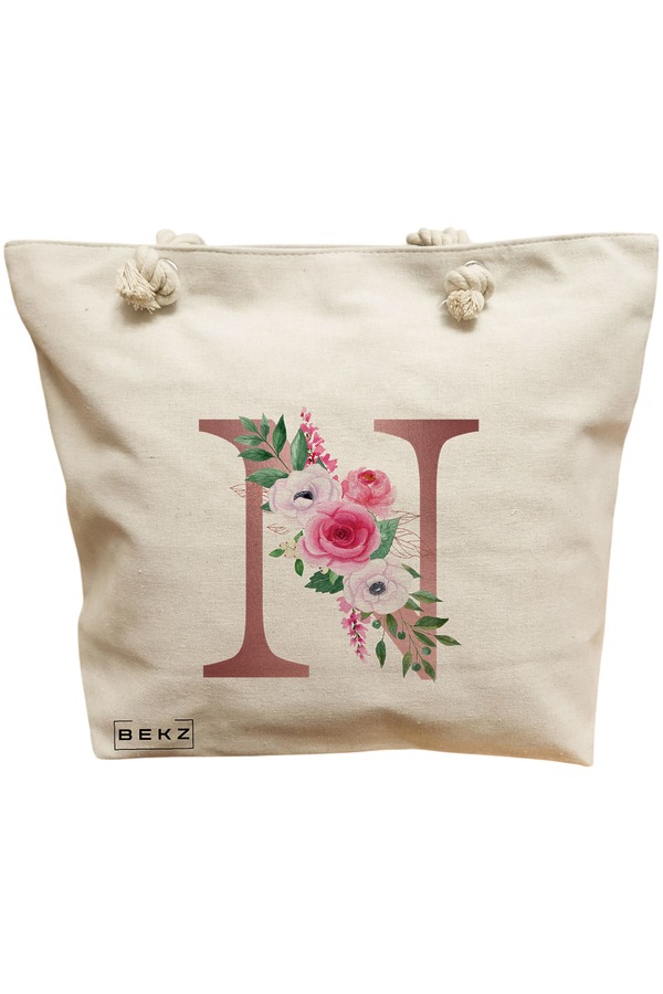 Geanta Canvas Tote pentru femei, Cu litera N Rose Gold si Trandafiri, 40x51 cm, Bej, BEKZ® 11 Geanta Canvas Tote pentru femei