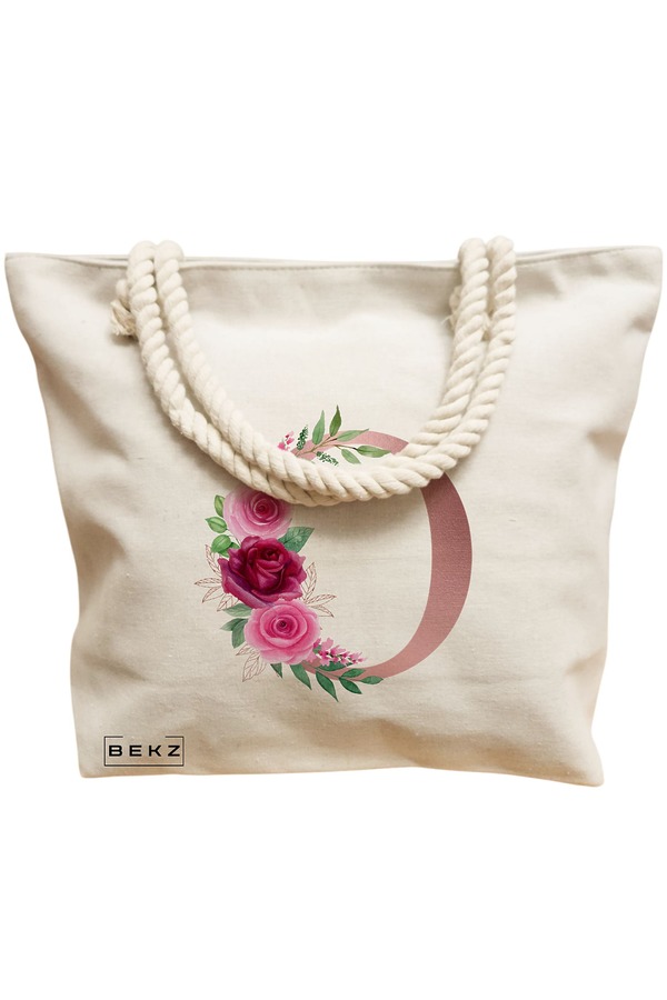 Geanta Canvas Tote pentru femei, Cu litera O Rose Gold si Trandafiri, 40x51 cm, Bej, BEKZ® 12 Cu litera O Rose Gold si Trandafiri