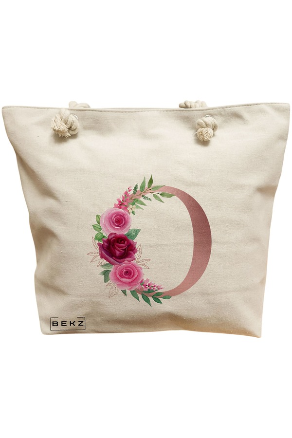 Geanta Canvas Tote pentru femei, Cu litera O Rose Gold si Trandafiri, 40x51 cm, Bej, BEKZ® 11 Geanta Canvas Tote pentru femei