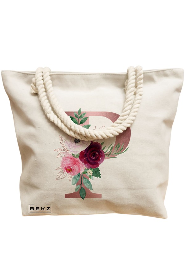 Geanta Canvas Tote pentru femei, Cu litera P Rose Gold si Trandafiri, 40x51 cm, Bej, BEKZ® 12 Cu litera P Rose Gold si Trandafiri