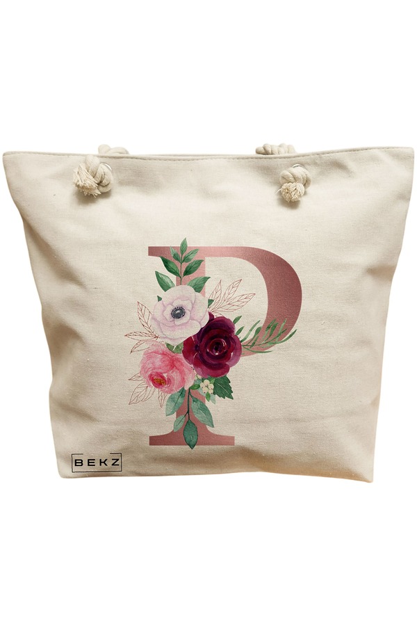 Geanta Canvas Tote pentru femei, Cu litera P Rose Gold si Trandafiri, 40x51 cm, Bej, BEKZ® 11 Geanta Canvas Tote pentru femei