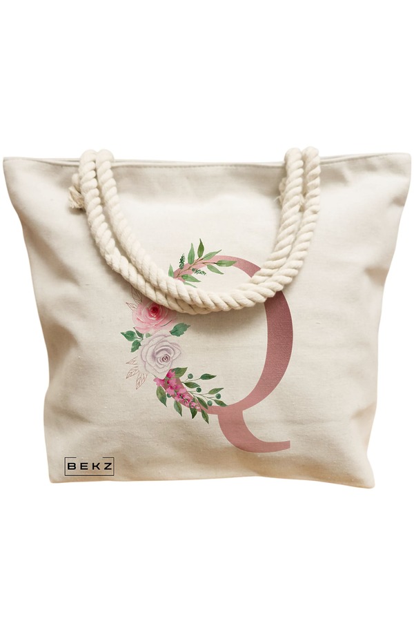Geanta Canvas Tote pentru femei, Cu litera Q Rose Gold si Trandafiri, 40x51 cm, Bej, BEKZ® 12 Cu litera Q Rose Gold si Trandafiri