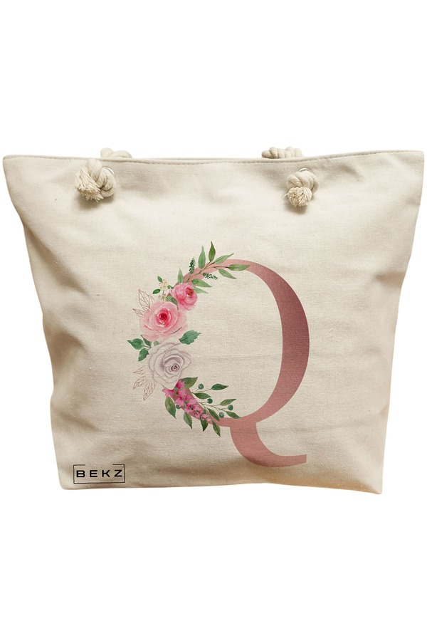 Geanta Canvas Tote pentru femei, Cu litera Q Rose Gold si Trandafiri, 40x51 cm, Bej, BEKZ® 11 Geanta Canvas Tote pentru femei