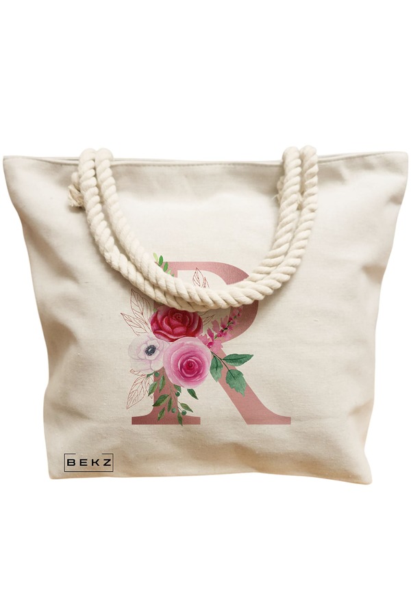 Geanta Canvas Tote pentru femei, Cu litera R Rose Gold si Trandafiri, 40x51 cm, Bej, BEKZ® 12 Cu litera R Rose Gold si Trandafiri