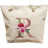 Geanta Canvas Tote pentru femei, Cu litera R Rose Gold si Trandafiri, 40x51 cm, Bej, BEKZ® 16 Geanta Canvas Tote pentru femei