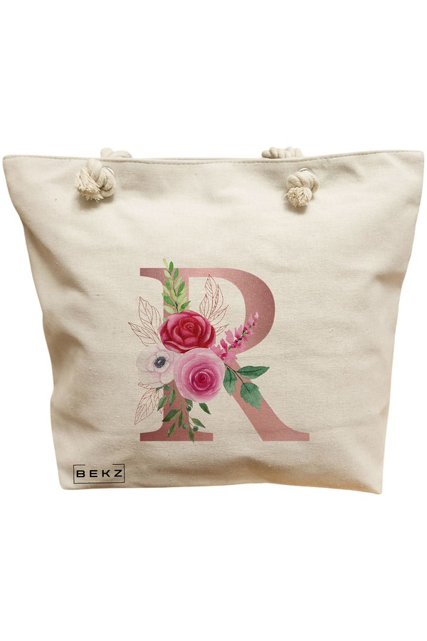 Geanta Canvas Tote pentru femei, Cu litera R Rose Gold si Trandafiri, 40x51 cm, Bej, BEKZ® 11 Geanta Canvas Tote pentru femei