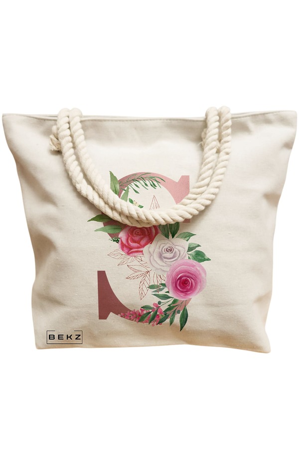 Geanta Canvas Tote pentru femei, Cu litera S Rose Gold si Trandafiri, 40x51 cm, Bej, BEKZ® 12 Cu litera S Rose Gold si Trandafiri