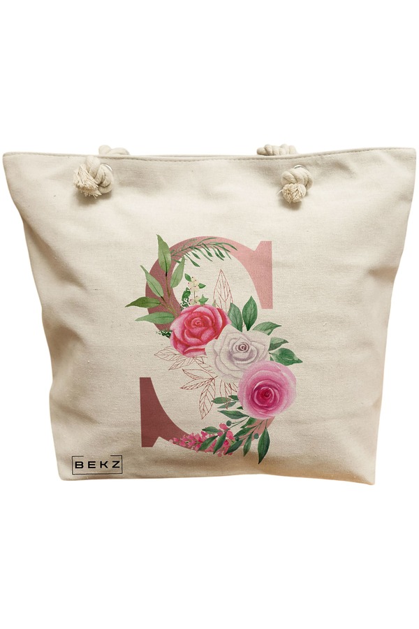 Geanta Canvas Tote pentru femei, Cu litera S Rose Gold si Trandafiri, 40x51 cm, Bej, BEKZ® 11 Geanta Canvas Tote pentru femei