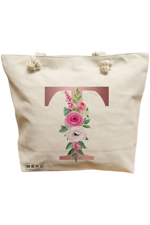 Geanta Canvas Tote pentru femei, Cu litera T Rose Gold si Trandafiri, 40x51 cm, Bej, BEKZ® 11 Geanta Canvas Tote pentru femei