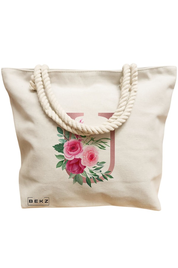 Geanta Canvas Tote pentru femei, Cu litera U Rose Gold si Trandafiri, 40x51 cm, Bej, BEKZ® 12 Cu litera U Rose Gold si Trandafiri