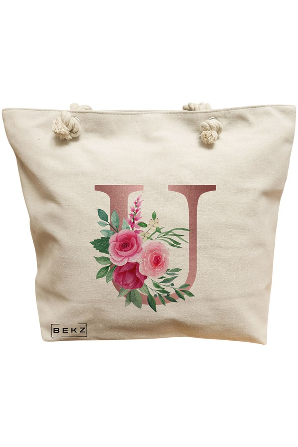 Geanta Canvas Tote pentru femei, Cu litera U Rose Gold si Trandafiri, 40x51 cm, Bej, BEKZ® 11 Geanta Canvas Tote pentru femei
