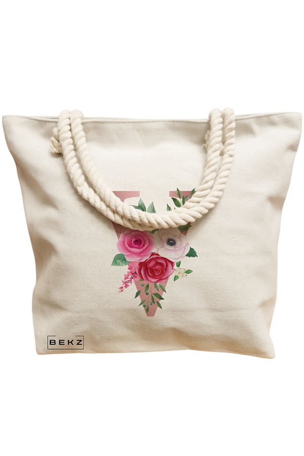 Geanta Canvas Tote pentru femei, Cu litera V Rose Gold si Trandafiri, 40x51 cm, Bej, BEKZ® 12 Cu litera V Rose Gold si Trandafiri