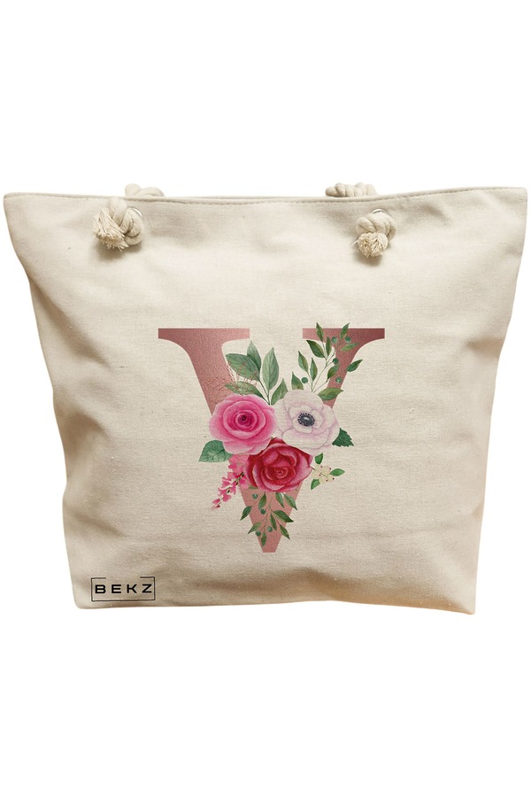 Geanta Canvas Tote pentru femei, Cu litera V Rose Gold si Trandafiri, 40x51 cm, Bej, BEKZ® 11 Geanta Canvas Tote pentru femei