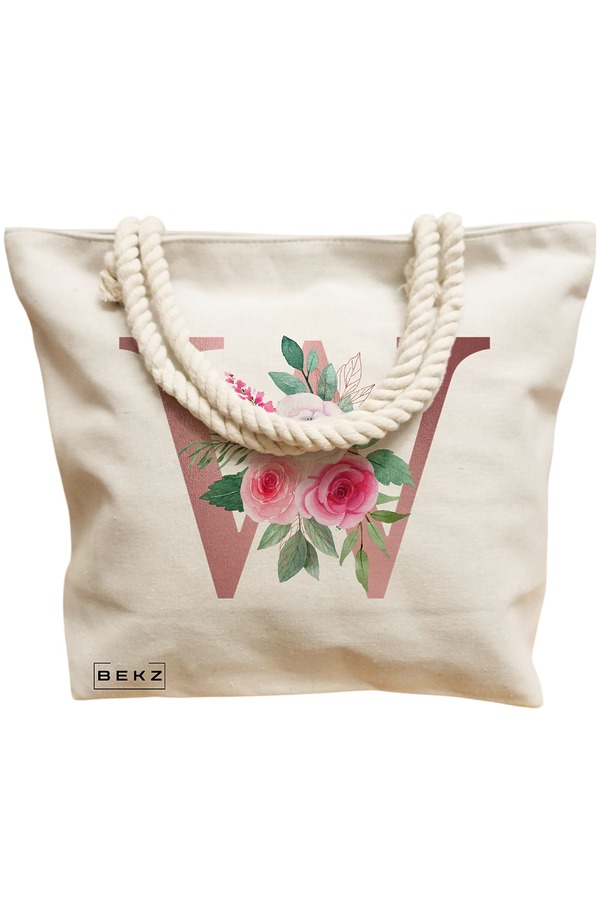 Geanta Canvas Tote pentru femei, Cu litera W Rose Gold si Trandafiri, 40x51 cm, Bej, BEKZ® 12 Cu litera W Rose Gold si Trandafiri