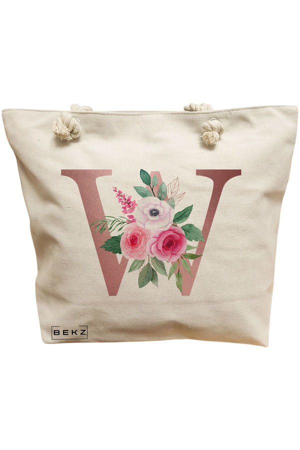Geanta Canvas Tote pentru femei, Cu litera W Rose Gold si Trandafiri, 40x51 cm, Bej, BEKZ® 11 Geanta Canvas Tote pentru femei