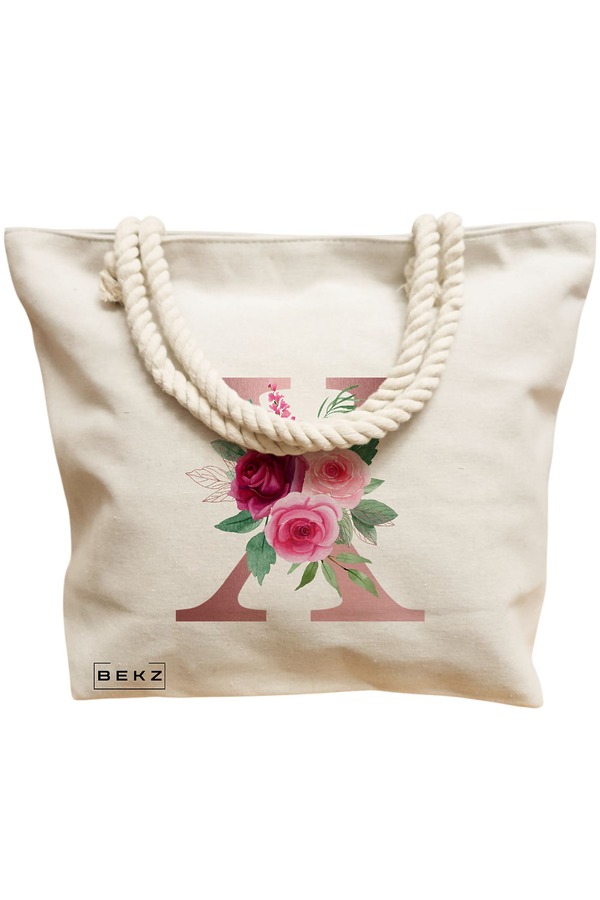 Geanta Canvas Tote pentru femei, Cu litera X Rose Gold si Trandafiri, 40x51 cm, Bej, BEKZ® 12 Cu litera X Rose Gold si Trandafiri
