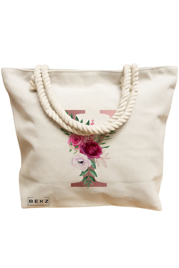 Geanta Canvas Tote pentru femei, Cu litera Y Rose Gold si Trandafiri, 40x51 cm, Bej, BEKZ® 12 Cu litera Y Rose Gold si Trandafiri