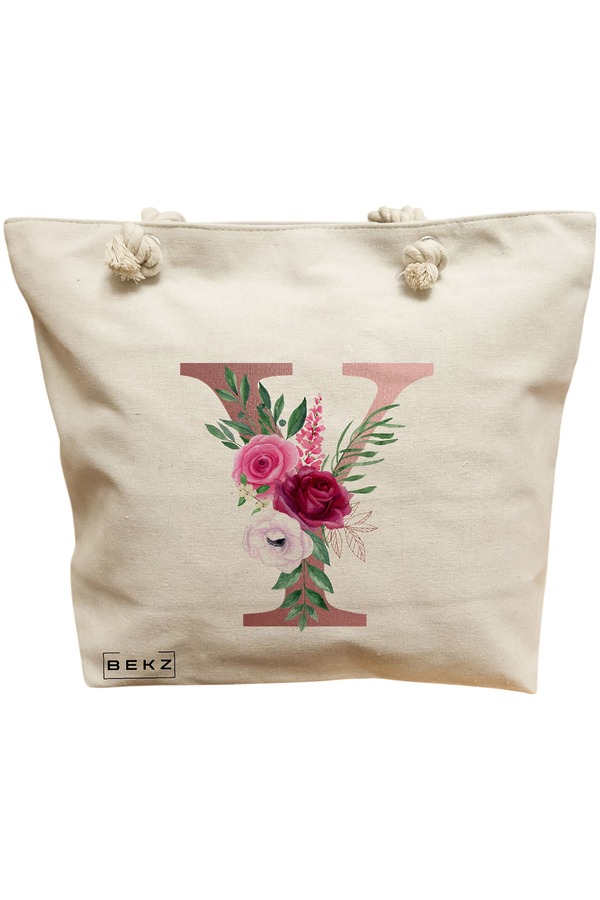 Geanta Canvas Tote pentru femei, Cu litera Y Rose Gold si Trandafiri, 40x51 cm, Bej, BEKZ® 11 Geanta Canvas Tote pentru femei