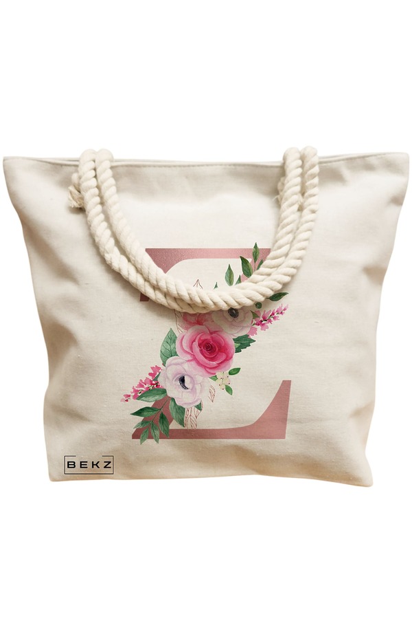 Geanta Canvas Tote pentru femei, Cu litera Z Rose Gold si Trandafiri, 40x51 cm, Bej, BEKZ® 12 Cu litera Z Rose Gold si Trandafiri