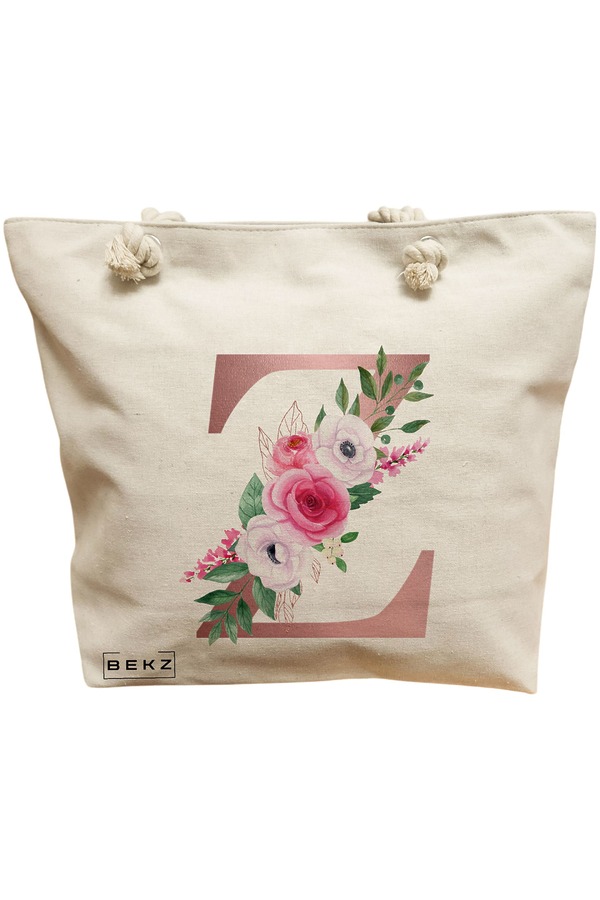 Geanta Canvas Tote pentru femei, Cu litera Z Rose Gold si Trandafiri, 40x51 cm, Bej, BEKZ® 11 Geanta Canvas Tote pentru femei