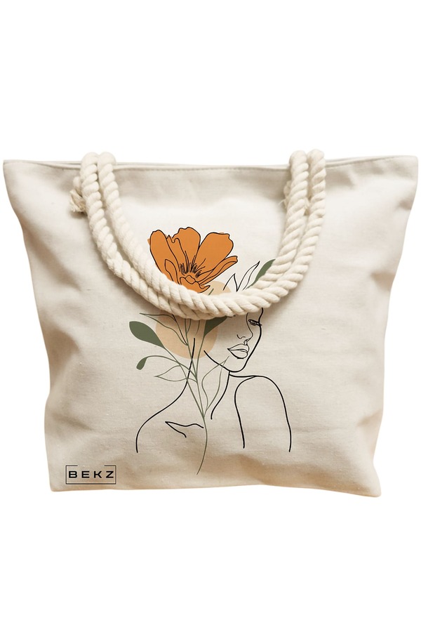 Geanta Canvas Tote pentru femei, Flower Lady 1, 40x51 cm, Bej, BEKZ® 12 Flower Lady 1