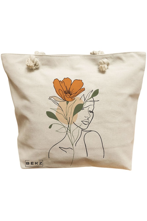 Geanta Canvas Tote pentru femei, Flower Lady 1, 40x51 cm, Bej, BEKZ® 11 Geanta Canvas Tote pentru femei