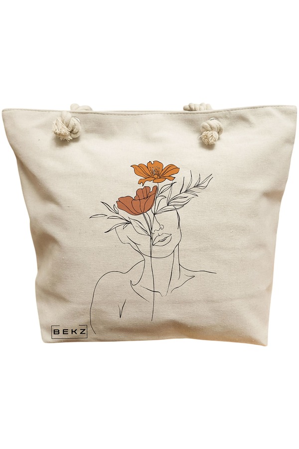 Geanta Canvas Tote pentru femei, Flower Lady 2, 40x51 cm, Bej, BEKZ® 11 Geanta Canvas Tote pentru femei