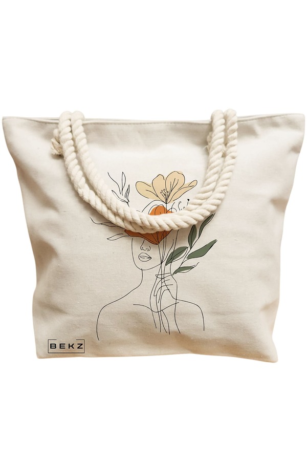 Geanta Canvas Tote pentru femei, Flower Lady 3, 40x51 cm, Bej, BEKZ® 12 Flower Lady 3
